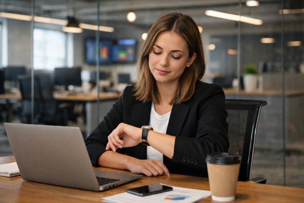 Young marketing professional in a modern open concept office checking her watch while working at a conference table