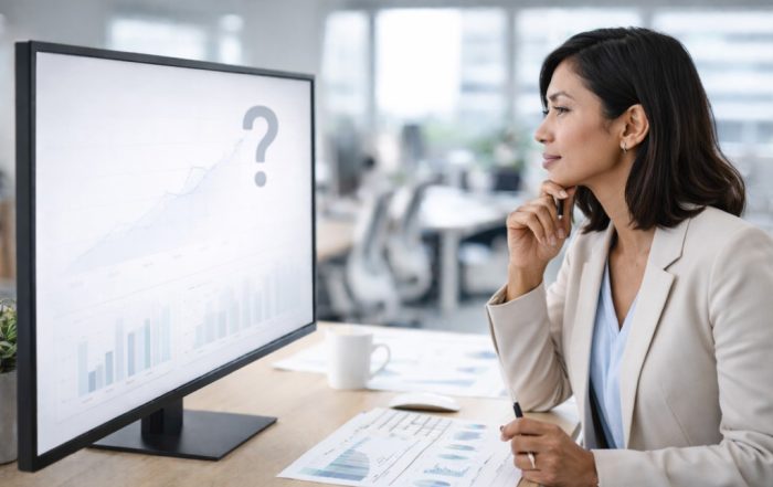 Senior marketing executive studies a faded performance chart with a question mark on a computer screen in a modern office.
