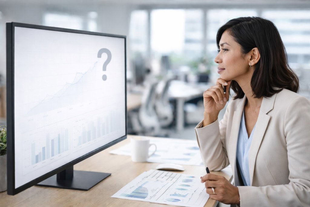 Senior marketing executive studies a faded performance chart with a question mark on a computer screen in a modern office.