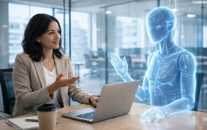Female marketing professional meeting with a holographic AI avatar in a modern office conference room