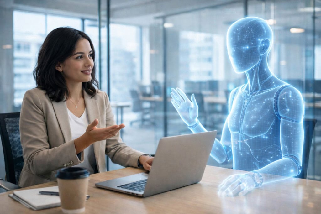 Female marketing professional meeting with a holographic AI avatar in a modern office conference room