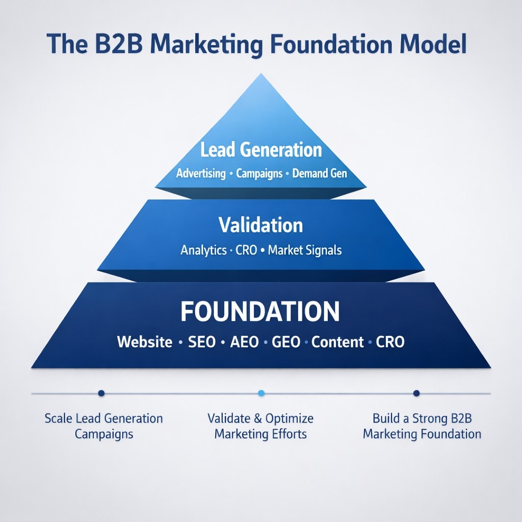 B2B Marketing Foundation Model showing foundation validation and lead generation stages