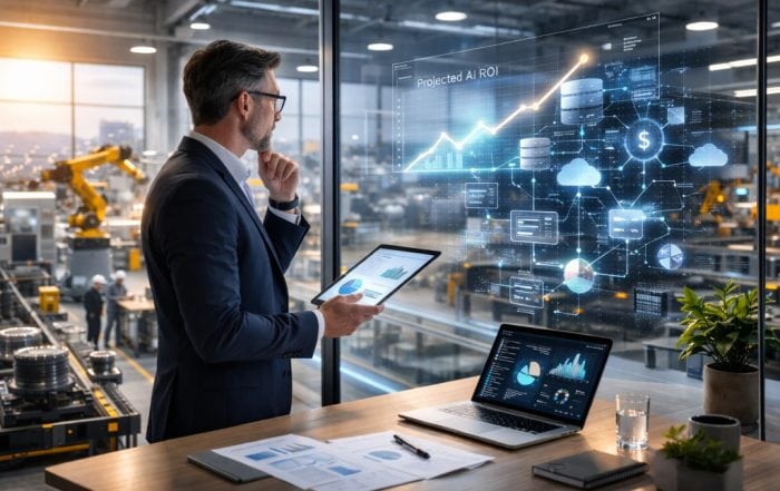 Manufacturing executive reviewing AI analytics on a tablet overlooking a modern factory floor with digital network overlays