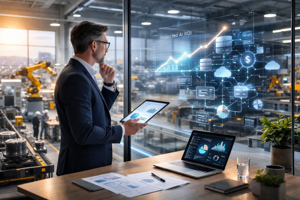 Manufacturing executive reviewing AI analytics on a tablet overlooking a modern factory floor with digital network overlays