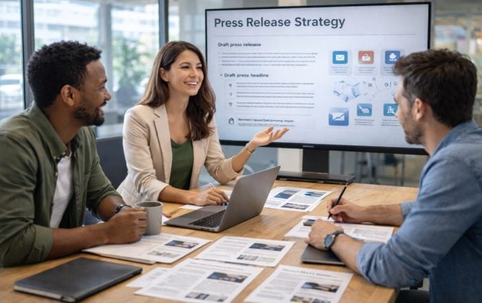Modern marketing team in a conference room reviewing a press release strategy on a TV screen