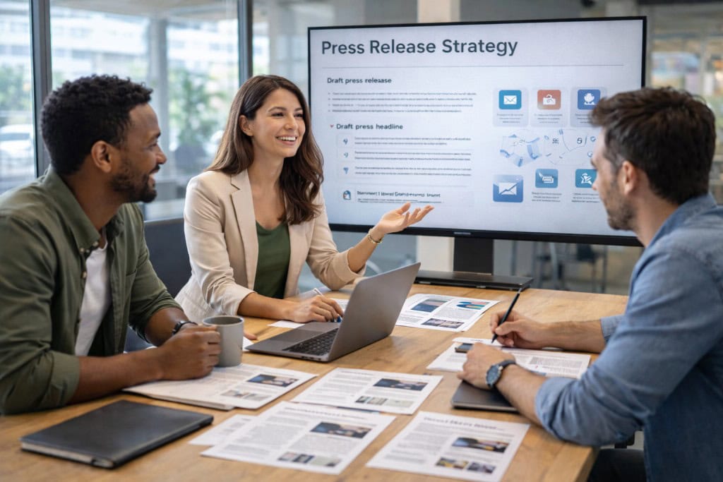 Modern marketing team in a conference room reviewing a press release strategy on a TV screen
