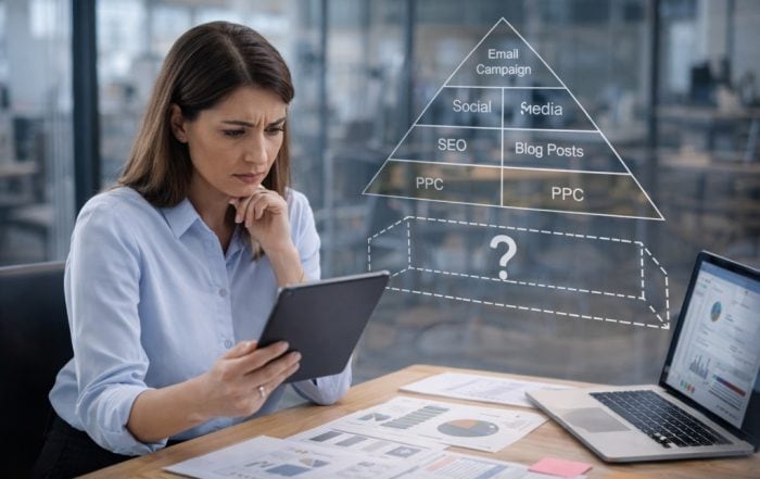 Female marketer reviewing a marketing plan with a missing foundation layer in a strategy pyramid