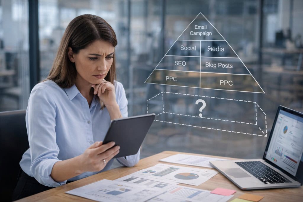 Female marketer reviewing a marketing plan with a missing foundation layer in a strategy pyramid