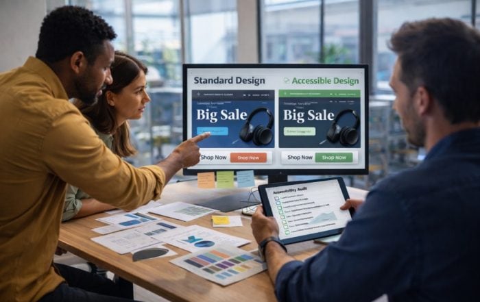 Marketing team reviewing standard and accessible website designs on a monitor while conducting an accessibility audit