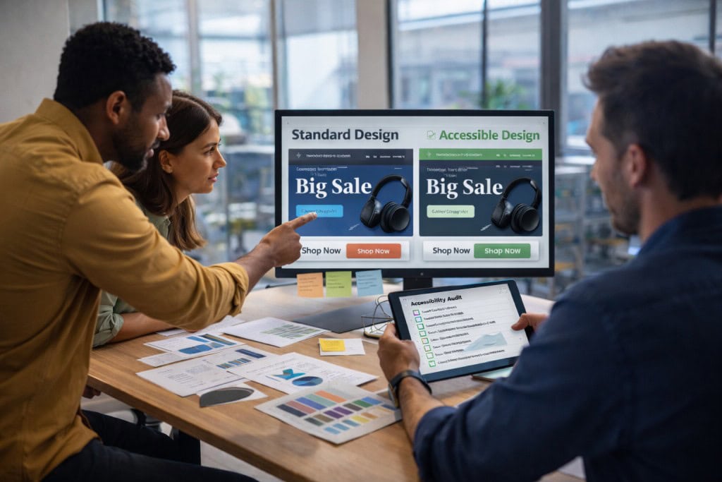 Marketing team reviewing standard and accessible website designs on a monitor while conducting an accessibility audit