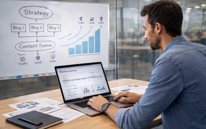 Marketer comparing content strategy on a whiteboard with actual performance metrics on a laptop showing flat results