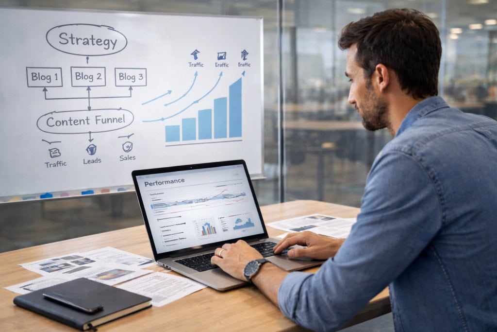 Marketer comparing content strategy on a whiteboard with actual performance metrics on a laptop showing flat results