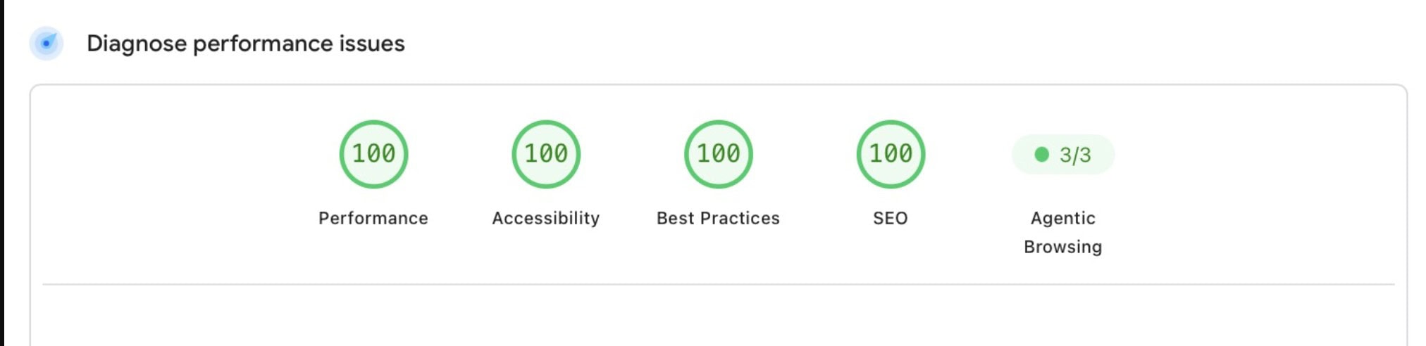 Google PageSpeed Insights showing a 3/3 Agentic Browsing result alongside Performance, Accessibility, Best Practices and SEO