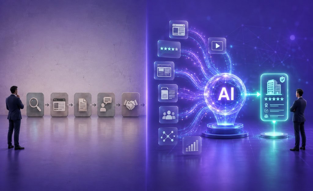 3D illustration comparing the traditional B2B buying journey with the AI buying journey, showing a linear decision process on the left and an AI-powered evaluation engine recommending a trusted business on the right.